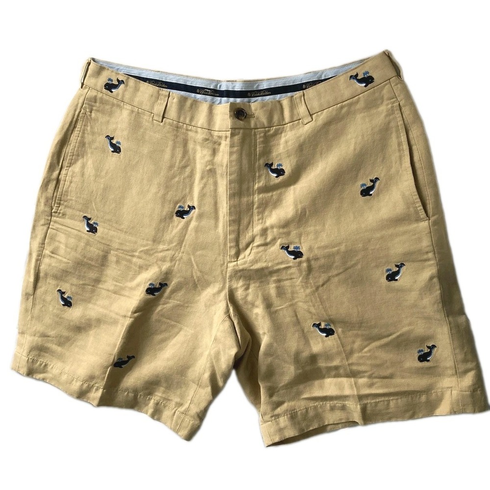 Rare Brooks Brothers Shorts Mens 38 Beige Linen Whale Embroidered Chino Nautical